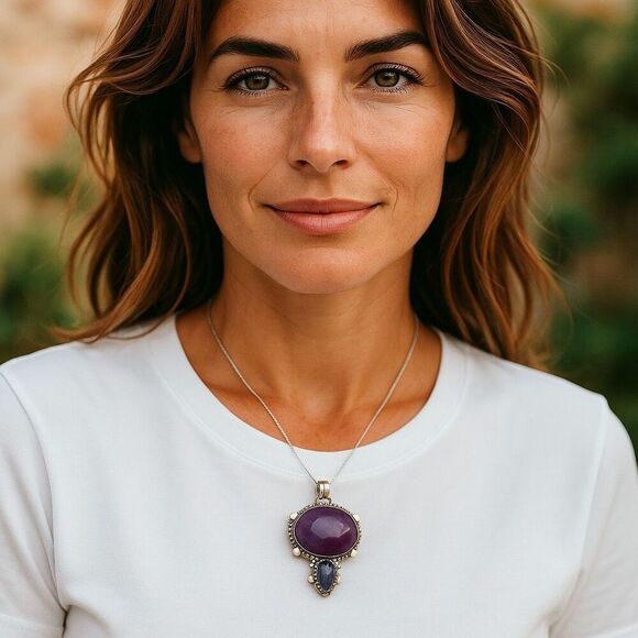 Large Artisan Crafted Amethyst Pendant Necklace Double Stone Sterling Silver New - Picture 11 of 11